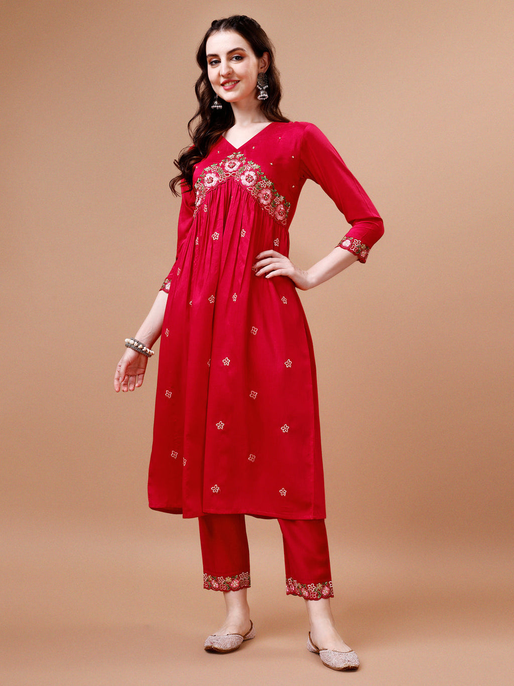 Alia Cut Embroidered Kurta With Pant & Organza Embroidered Dupatta Premium, Multicolor - Hiral Fashion - Distacart