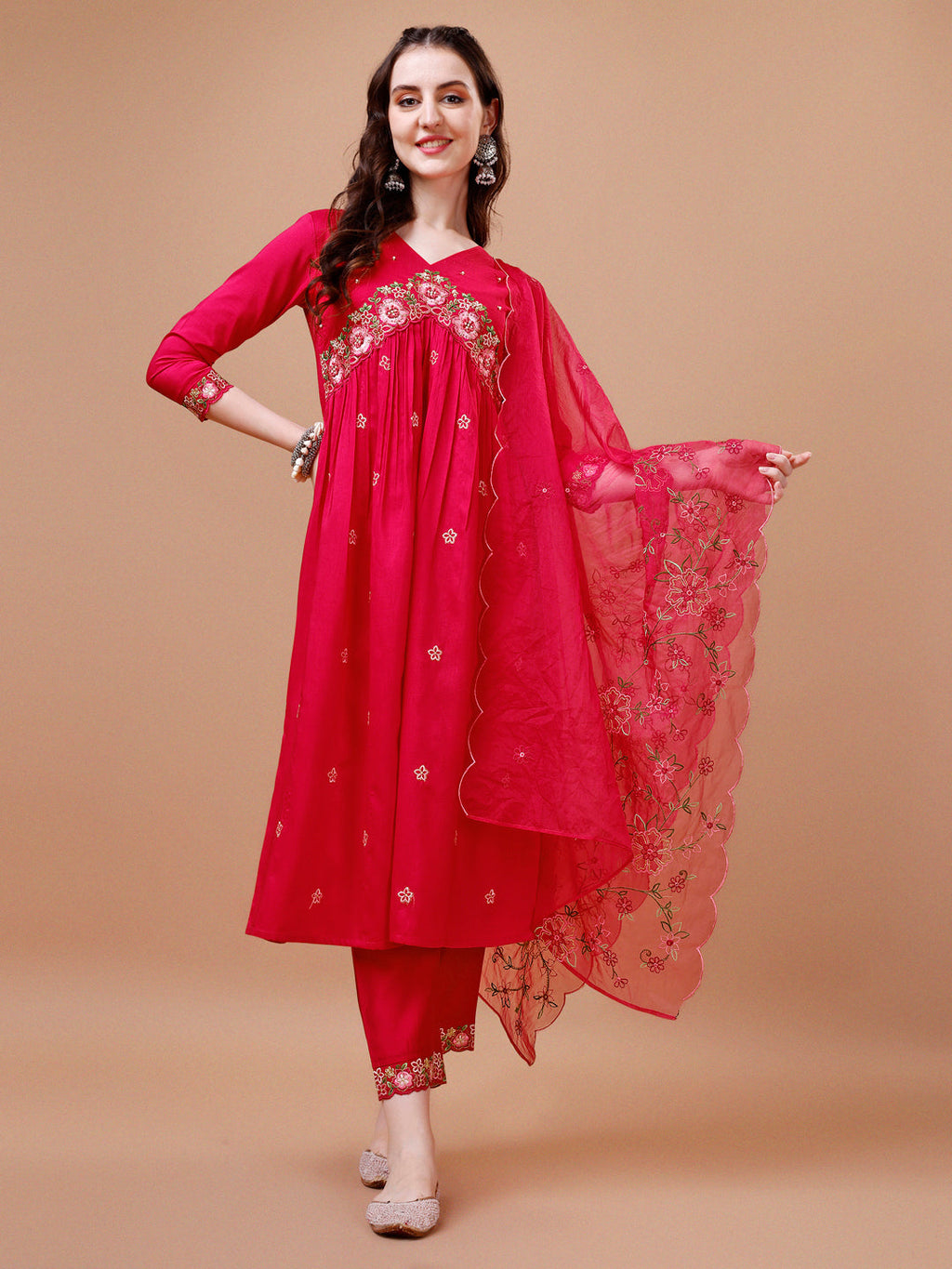 Alia Cut Embroidered Kurta With Pant & Organza Embroidered Dupatta Premium, Multicolor - Hiral Fashion - Distacart