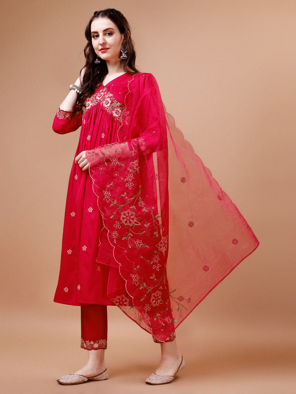 Alia Cut Embroidered Kurta With Pant & Organza Embroidered Dupatta Premium, Multicolor - Hiral Fashion - Distacart