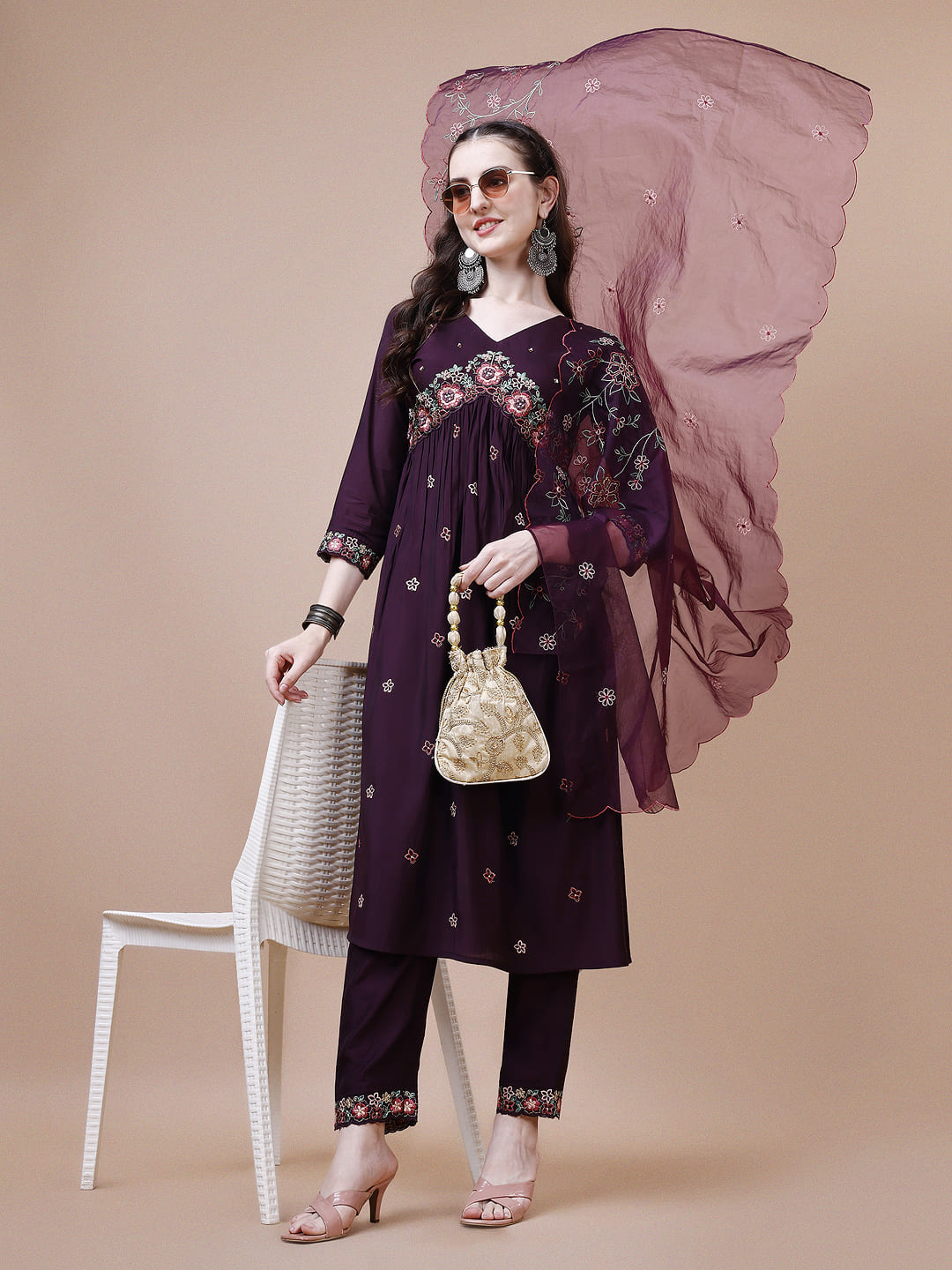 Alia Cut Embroidered Kurta With Pant & Organza Embroidered Dupatta Premium, Multicolor - Hiral Fashion - Distacart