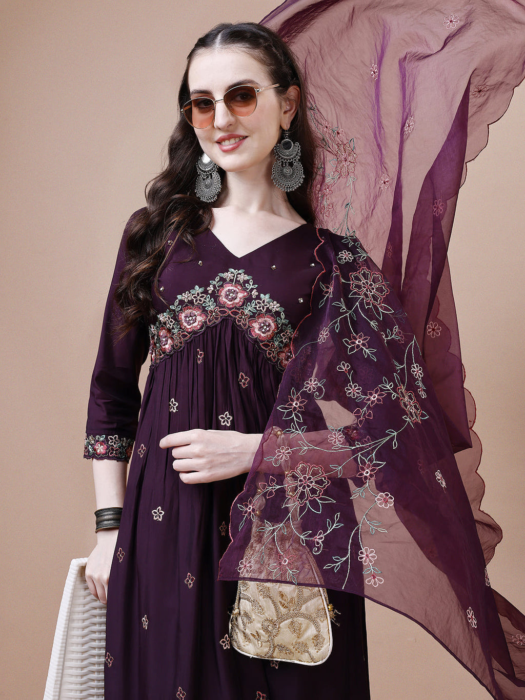 Alia Cut Embroidered Kurta With Pant & Organza Embroidered Dupatta Premium, Multicolor - Hiral Fashion - Distacart