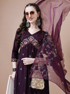 Alia Cut Embroidered Kurta With Pant & Organza Embroidered Dupatta Premium, Multicolor - Hiral Fashion - Distacart