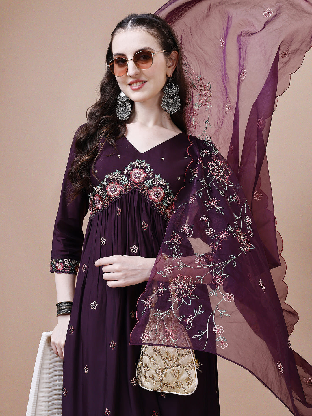 Alia Cut Embroidered Kurta With Pant & Organza Embroidered Dupatta Premium, Multicolor - Hiral Fashion - Distacart