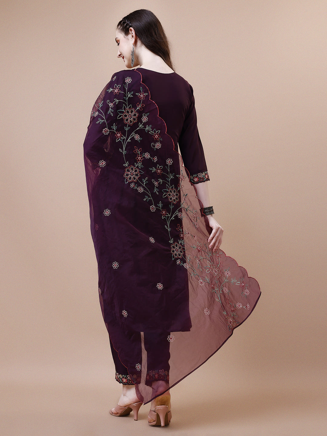 Alia Cut Embroidered Kurta With Pant & Organza Embroidered Dupatta Premium, Multicolor - Hiral Fashion - Distacart