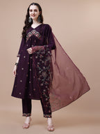 Alia Cut Embroidered Kurta With Pant & Organza Embroidered Dupatta Premium, Multicolor - Hiral Fashion - Distacart