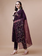 Alia Cut Embroidered Kurta With Pant & Organza Embroidered Dupatta Premium, Multicolor - Hiral Fashion - Distacart