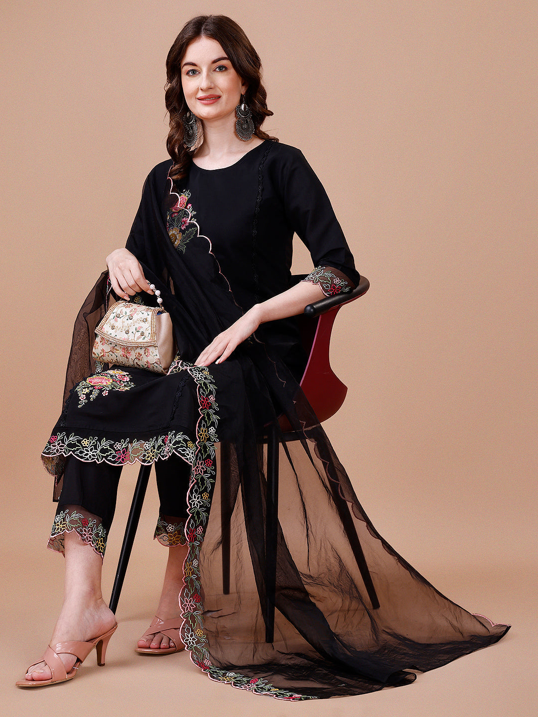 Hand Embroidered Kurta With Pant & Embroidered Organza Dupatta Premium, Multicolor - Hiral Fashion - Distacart