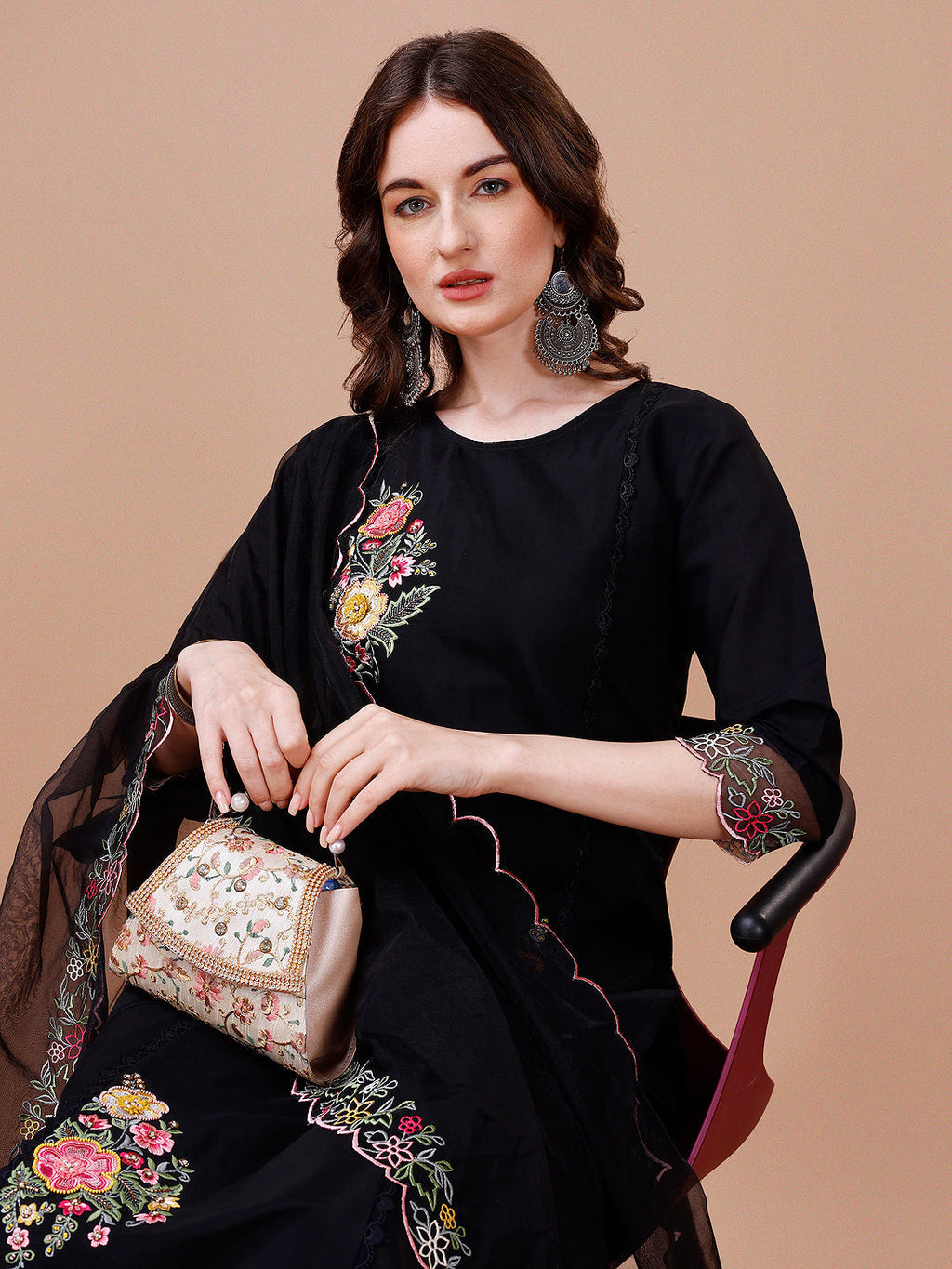 Hand Embroidered Kurta With Pant & Embroidered Organza Dupatta Premium, Multicolor - Hiral Fashion - Distacart