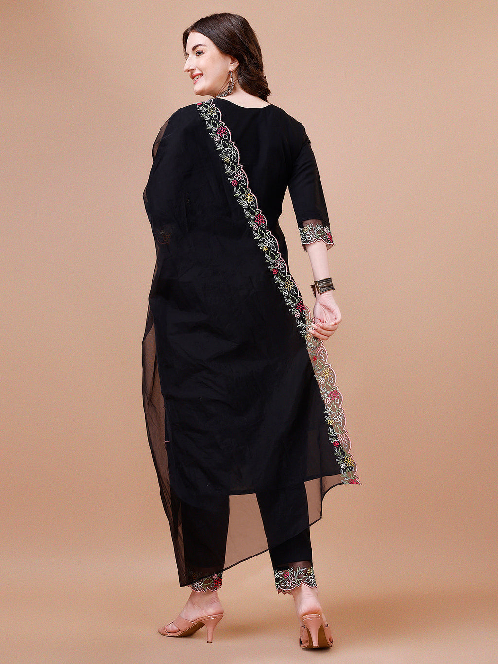 Hand Embroidered Kurta With Pant & Embroidered Organza Dupatta Premium, Multicolor - Hiral Fashion - Distacart