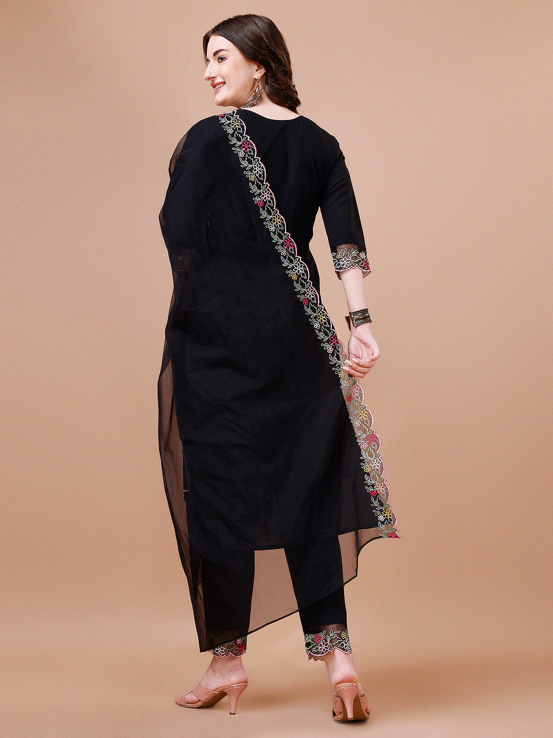 Hand Embroidered Kurta With Pant & Embroidered Organza Dupatta Premium, Multicolor - Hiral Fashion - Distacart