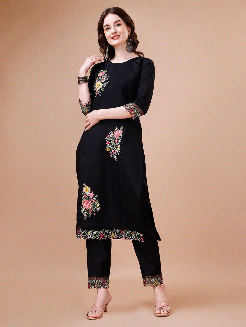 Hand Embroidered Kurta With Pant & Embroidered Organza Dupatta Premium, Multicolor - Hiral Fashion - Distacart