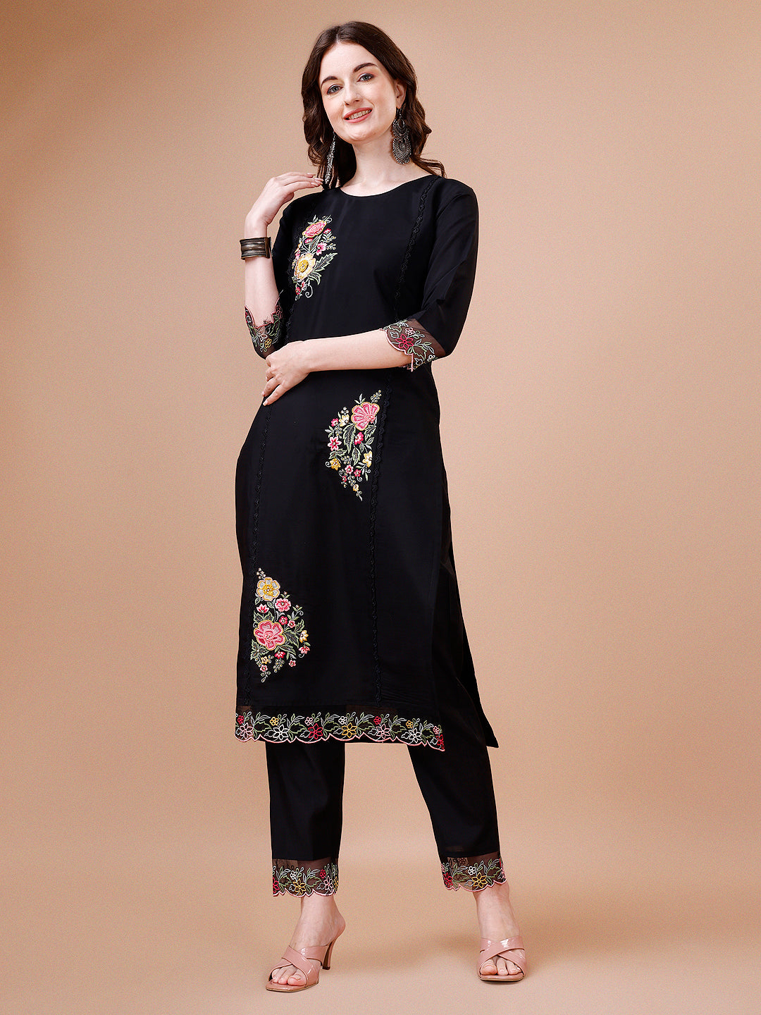 Hand Embroidered Kurta With Pant & Embroidered Organza Dupatta Premium, Multicolor - Hiral Fashion - Distacart