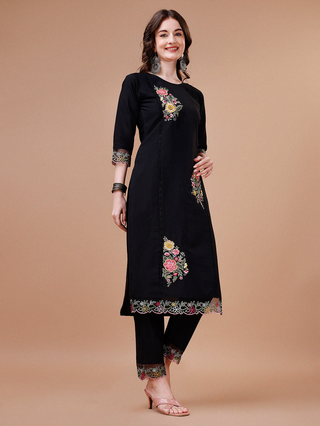 Hand Embroidered Kurta With Pant & Embroidered Organza Dupatta Premium, Multicolor - Hiral Fashion - Distacart