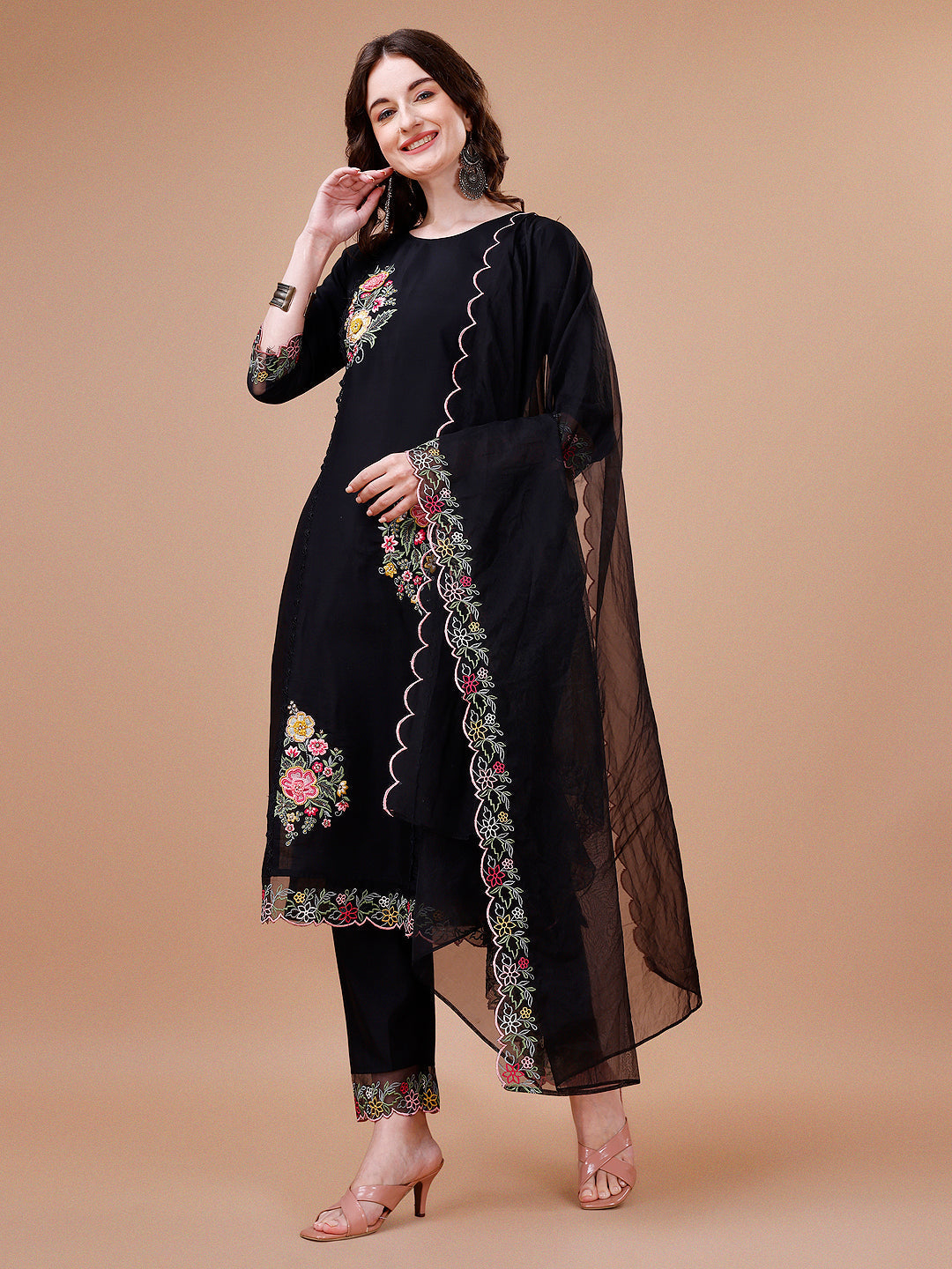 Hand Embroidered Kurta With Pant & Embroidered Organza Dupatta Premium, Multicolor - Hiral Fashion - Distacart