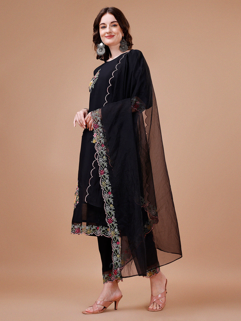 Hand Embroidered Kurta With Pant & Embroidered Organza Dupatta Premium, Multicolor - Hiral Fashion - Distacart