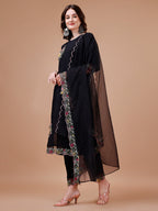 Hand Embroidered Kurta With Pant & Embroidered Organza Dupatta Premium, Multicolor - Hiral Fashion - Distacart