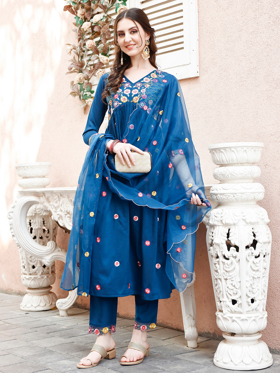 Hand Embroidered Alia Cut Kurta With Pant & Embroidered Organza Dupatta Premium Luxury, Multicolor - Hiral Fashion - Distacart