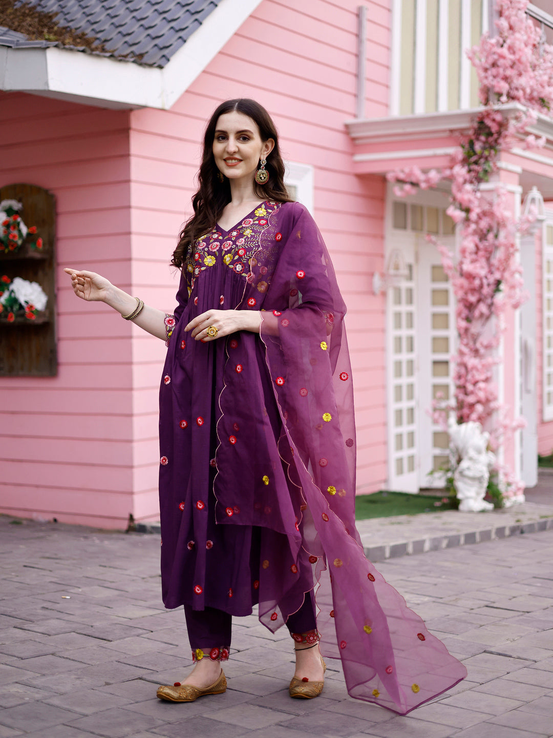 Hand Embroidered Alia Cut Kurta With Pant & Embroidered Organza Dupatta Premium, Multicolor - Hiral Fashion - Distacart