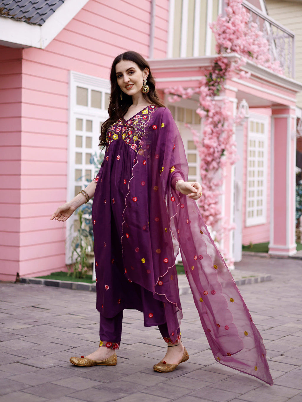 Hand Embroidered Alia Cut Kurta With Pant & Embroidered Organza Dupatta Premium, Multicolor - Hiral Fashion - Distacart