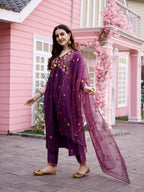 Hand Embroidered Alia Cut Kurta With Pant & Embroidered Organza Dupatta Premium, Multicolor - Hiral Fashion - Distacart