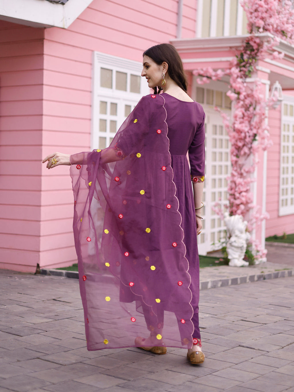 Hand Embroidered Alia Cut Kurta With Pant & Embroidered Organza Dupatta Premium, Multicolor - Hiral Fashion - Distacart