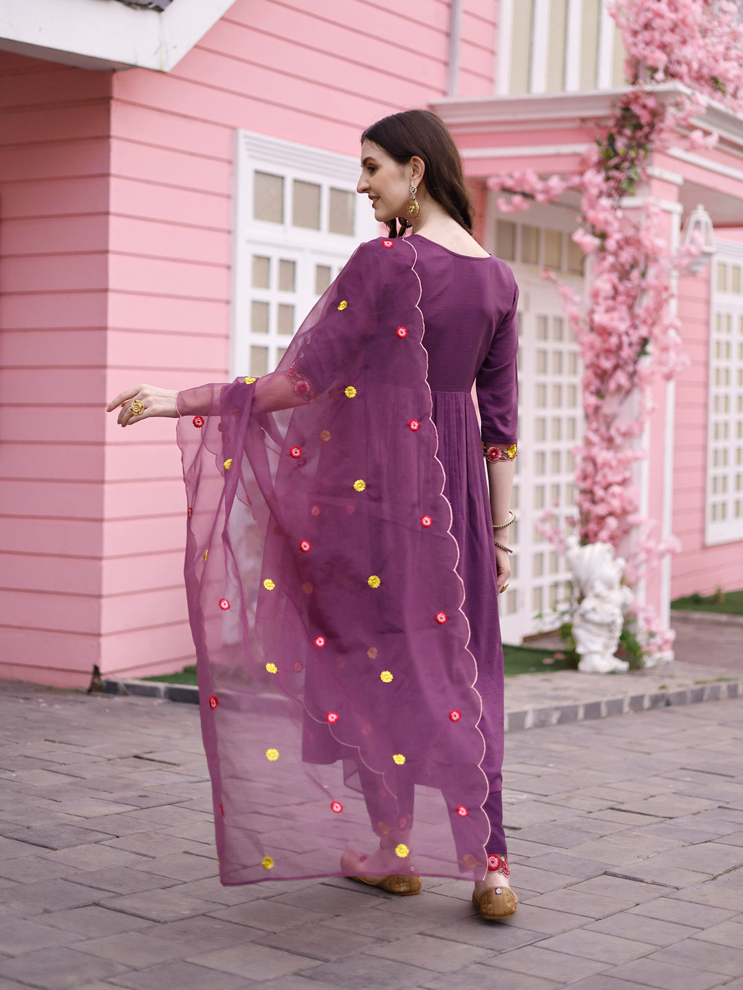 Hand Embroidered Alia Cut Kurta With Pant & Embroidered Organza Dupatta Premium, Multicolor - Hiral Fashion - Distacart