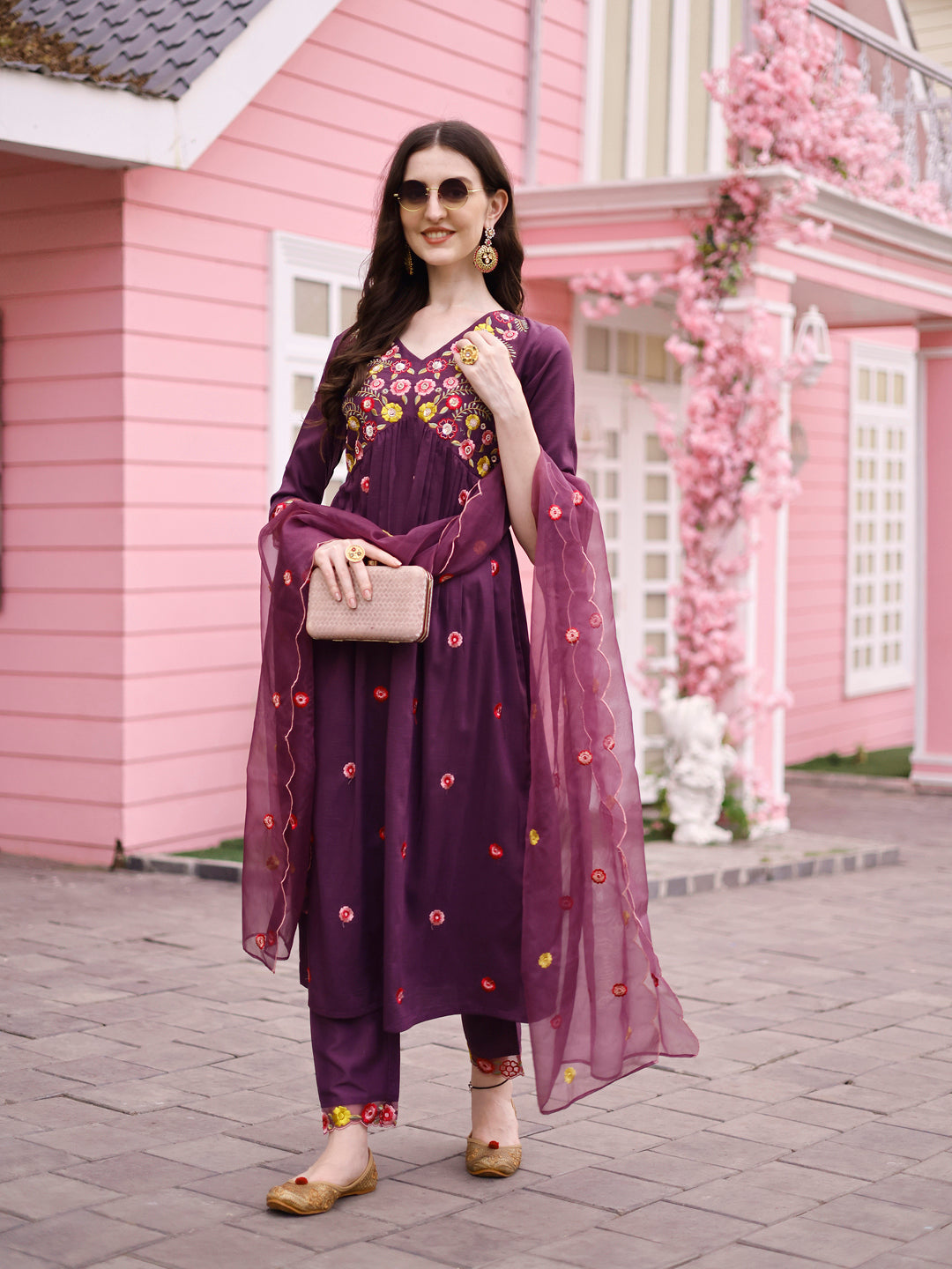 Hand Embroidered Alia Cut Kurta With Pant & Embroidered Organza Dupatta Premium, Multicolor - Hiral Fashion - Distacart
