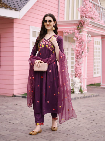Hand Embroidered Alia Cut Kurta With Pant & Embroidered Organza Dupatta Premium, Multicolor - Hiral Fashion