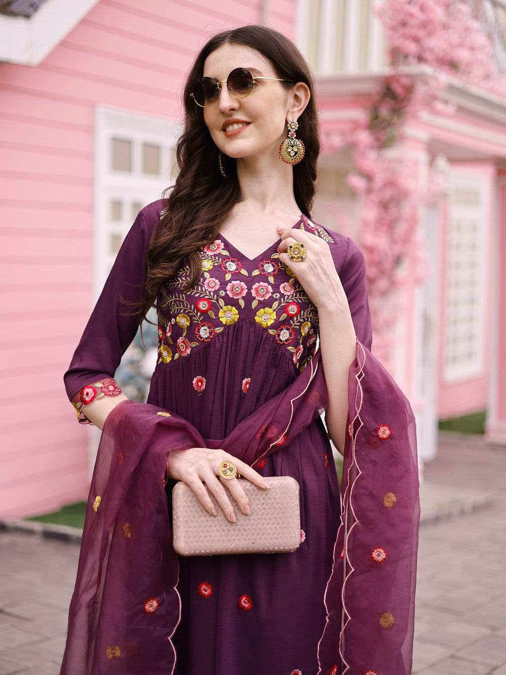 Hand Embroidered Alia Cut Kurta With Pant & Embroidered Organza Dupatta Premium, Multicolor - Hiral Fashion - Distacart