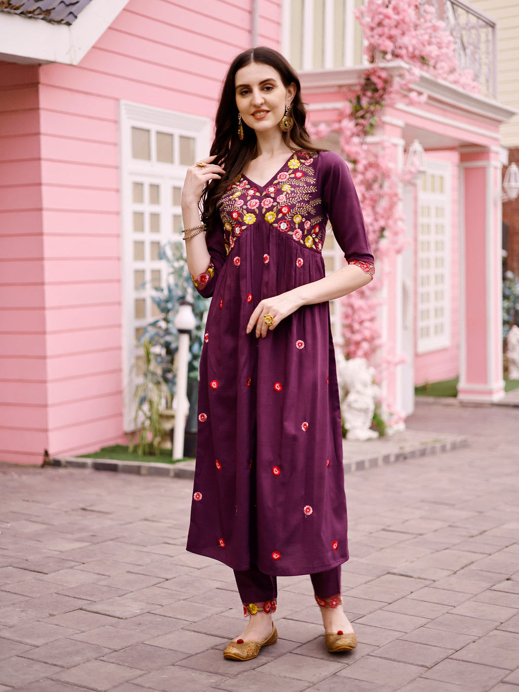 Hand Embroidered Alia Cut Kurta With Pant & Embroidered Organza Dupatta Premium, Multicolor - Hiral Fashion - Distacart