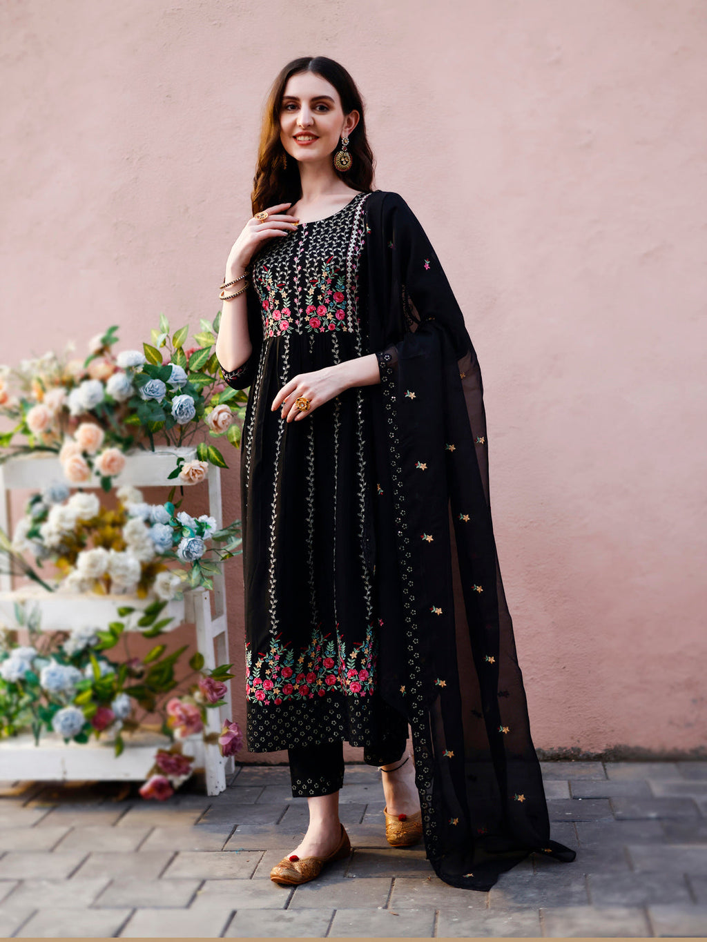 Nyra Cut Floral Front Embroidered Kurta With Pant & Organza Embroidered Dupatta Premium Luxury, Multicolor - Hiral Fashion - Distacart
