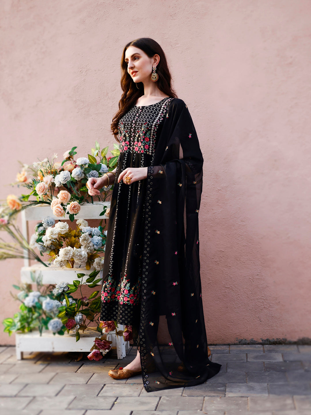 Nyra Cut Floral Front Embroidered Kurta With Pant & Organza Embroidered Dupatta Premium Luxury, Multicolor - Hiral Fashion - Distacart