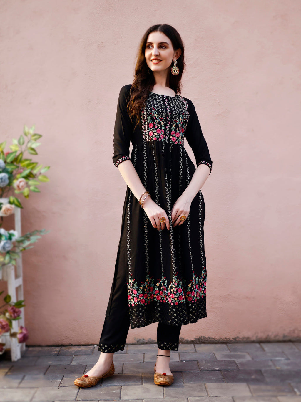 Nyra Cut Floral Front Embroidered Kurta With Pant & Organza Embroidered Dupatta Premium Luxury, Multicolor - Hiral Fashion - Distacart