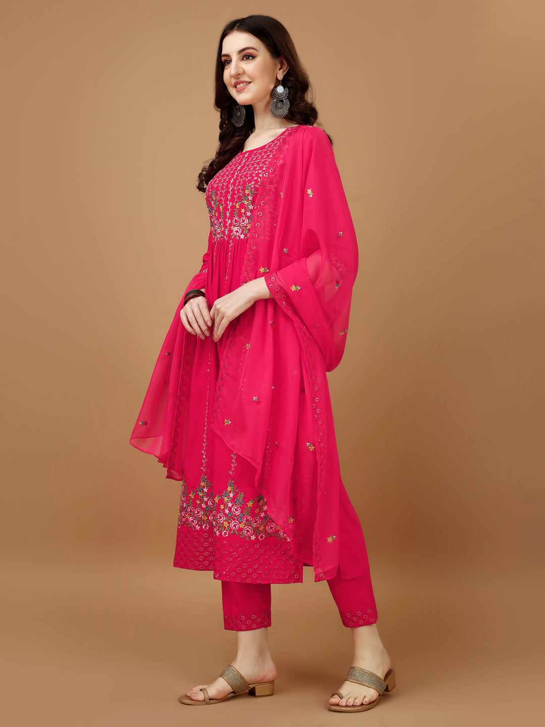 Nyra Cut Embroidered Kurta With Pant & Organza Embroidered Dupatta Luxury, Multicolor - Hiral Fashion - Distacart