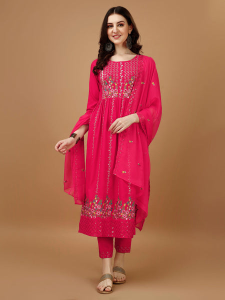 Nyra Cut Embroidered Kurta With Pant & Organza Embroidered Dupatta Luxury, Multicolor - Hiral Fashion
