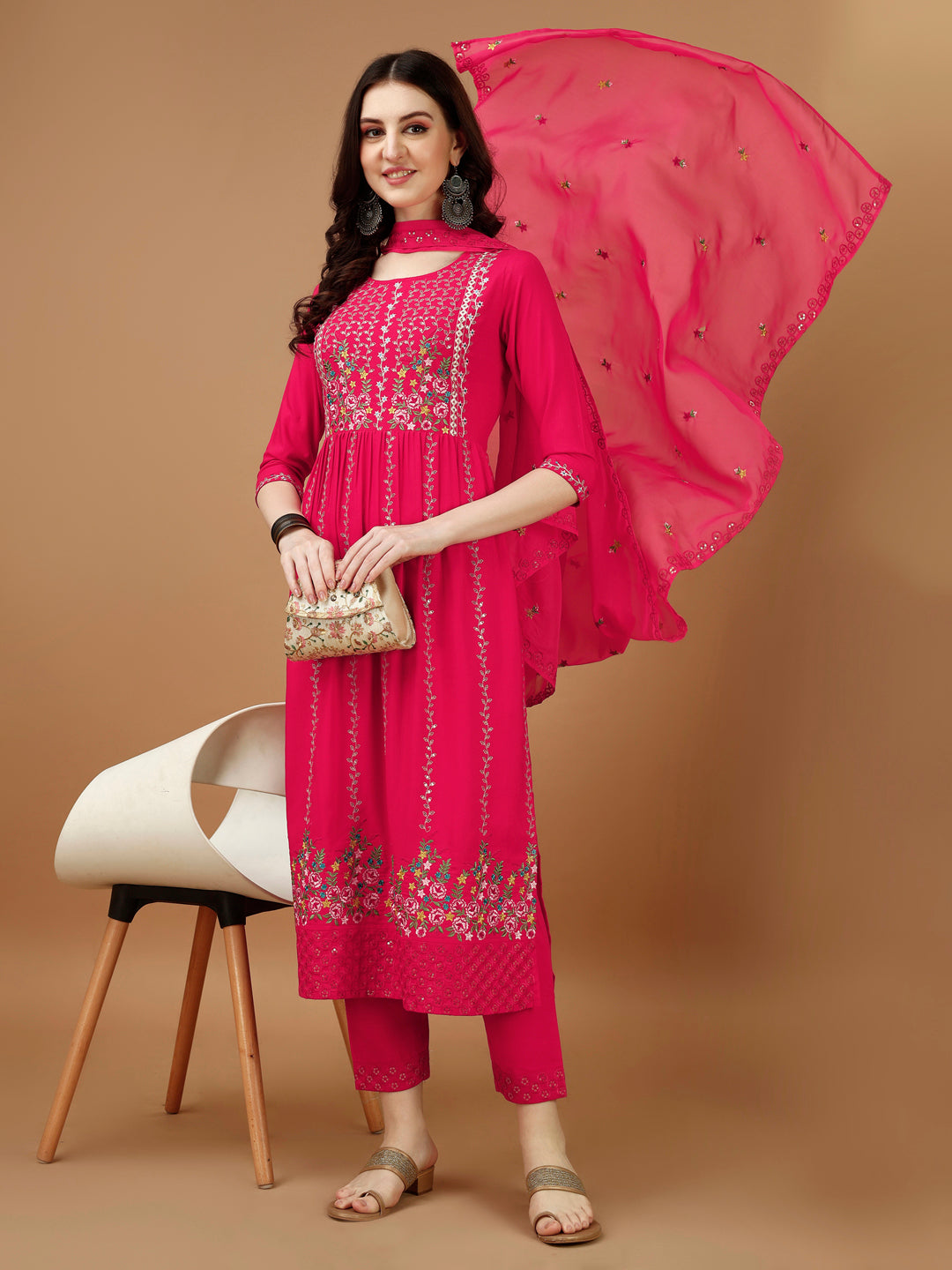 Nyra Cut Embroidered Kurta With Pant & Organza Embroidered Dupatta Luxury, Multicolor - Hiral Fashion - Distacart