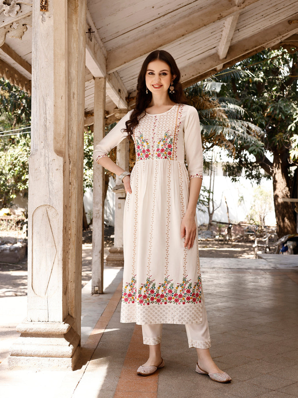 Nyra Cut Floral Front Embroidered Kurta With Pant & Organza Embroidered Dupatta Premium, Multicolor - Hiral Fashion - Distacart