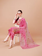 Hand Embroidered Kurta With Pant & Embroidered Organza Dupatta Premium, Multicolor - Hiral Fashion - Distacart