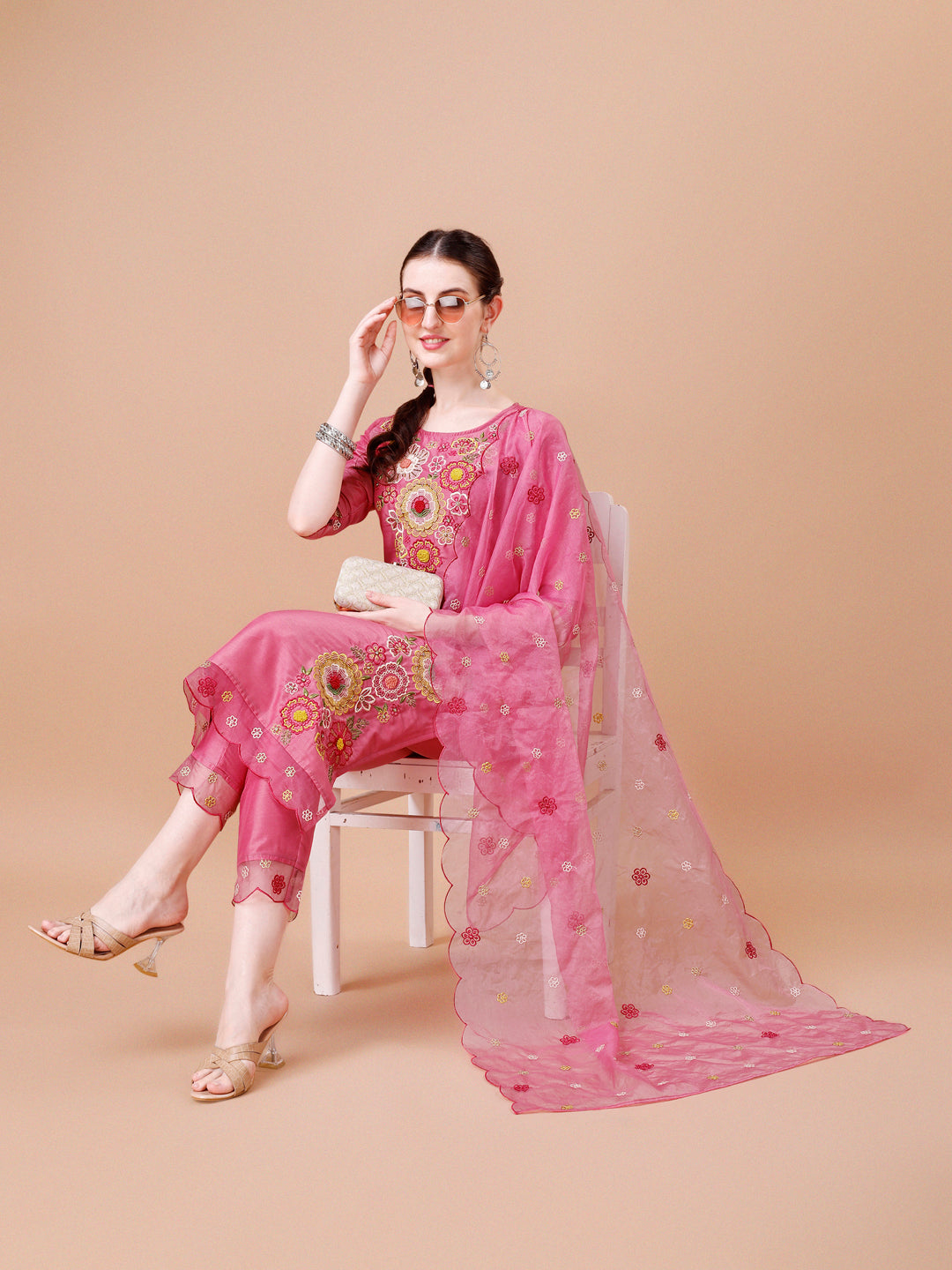 Hand Embroidered Kurta With Pant & Embroidered Organza Dupatta Premium, Multicolor - Hiral Fashion - Distacart