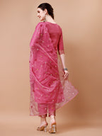 Hand Embroidered Kurta With Pant & Embroidered Organza Dupatta Premium, Multicolor - Hiral Fashion - Distacart