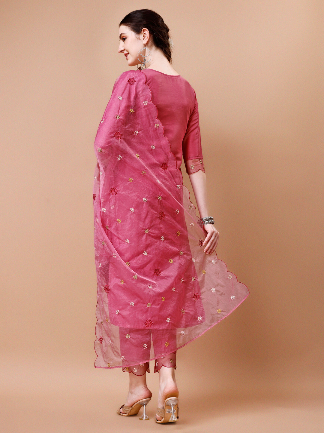 Hand Embroidered Kurta With Pant & Embroidered Organza Dupatta Premium, Multicolor - Hiral Fashion - Distacart