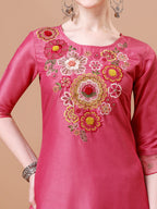 Hand Embroidered Kurta With Pant & Embroidered Organza Dupatta Premium, Multicolor - Hiral Fashion - Distacart