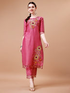 Hand Embroidered Kurta With Pant & Embroidered Organza Dupatta Premium, Multicolor - Hiral Fashion - Distacart