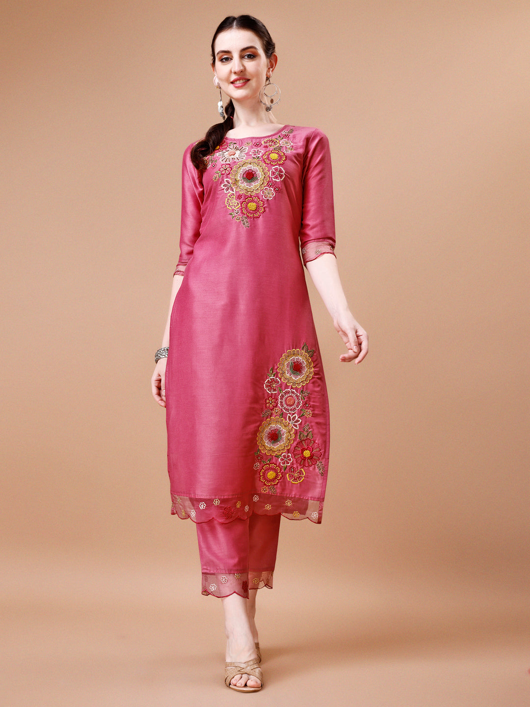 Hand Embroidered Kurta With Pant & Embroidered Organza Dupatta Premium, Multicolor - Hiral Fashion - Distacart
