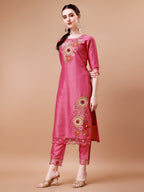 Hand Embroidered Kurta With Pant & Embroidered Organza Dupatta Premium, Multicolor - Hiral Fashion - Distacart