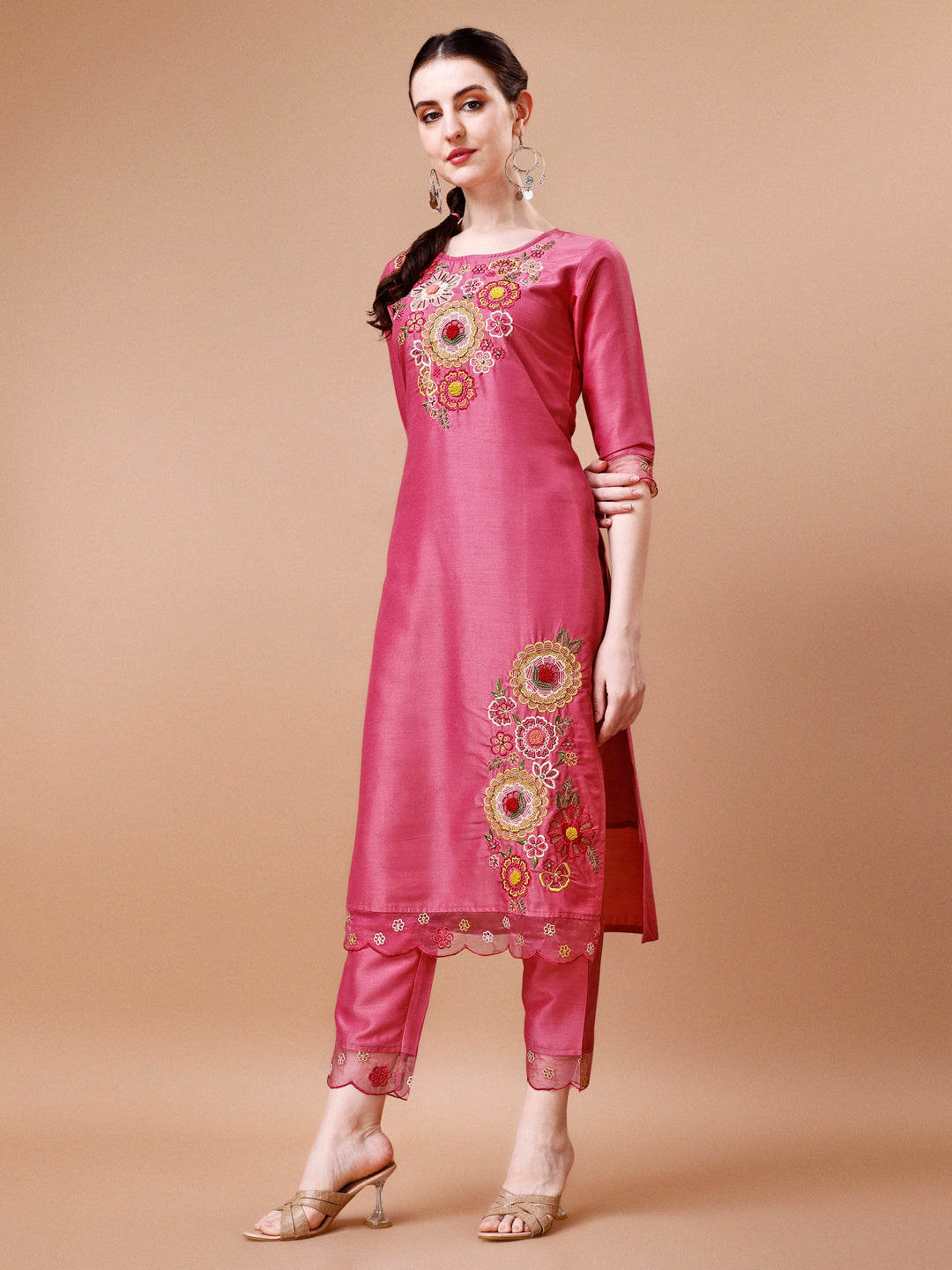 Hand Embroidered Kurta With Pant & Embroidered Organza Dupatta Premium, Multicolor - Hiral Fashion - Distacart