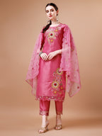 Hand Embroidered Kurta With Pant & Embroidered Organza Dupatta Premium, Multicolor - Hiral Fashion - Distacart