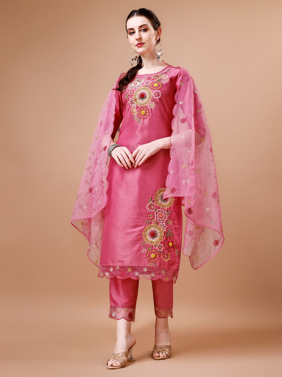 Hand Embroidered Kurta With Pant & Embroidered Organza Dupatta Premium, Multicolor - Hiral Fashion - Distacart