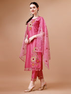 Hand Embroidered Kurta With Pant & Embroidered Organza Dupatta Premium, Multicolor - Hiral Fashion - Distacart