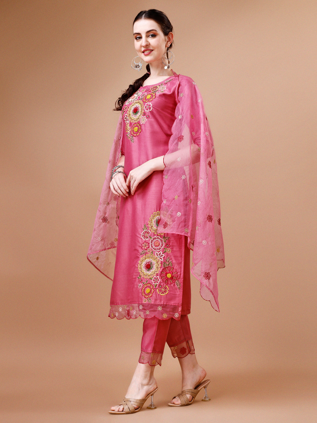 Hand Embroidered Kurta With Pant & Embroidered Organza Dupatta Premium, Multicolor - Hiral Fashion - Distacart
